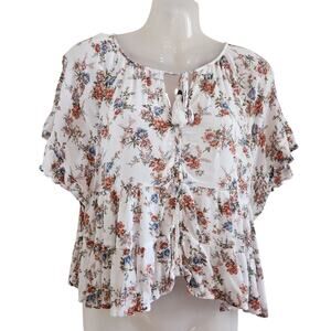 Rewind Flutter Sleeve Crop Blouse in White Cream Pink Floral Boho Size XS
